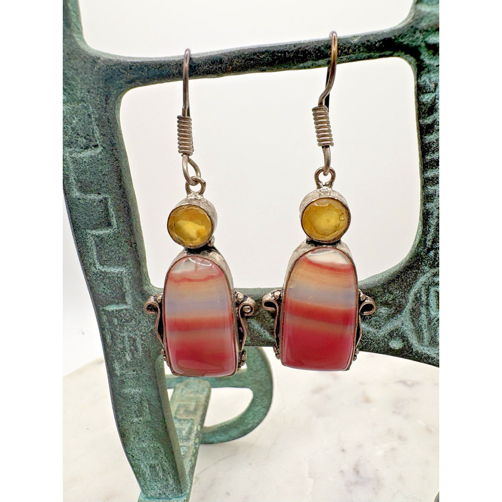 Pink Striped Agate Earrings on a wire with topaz set in sterling silver - Picture 3 of 7